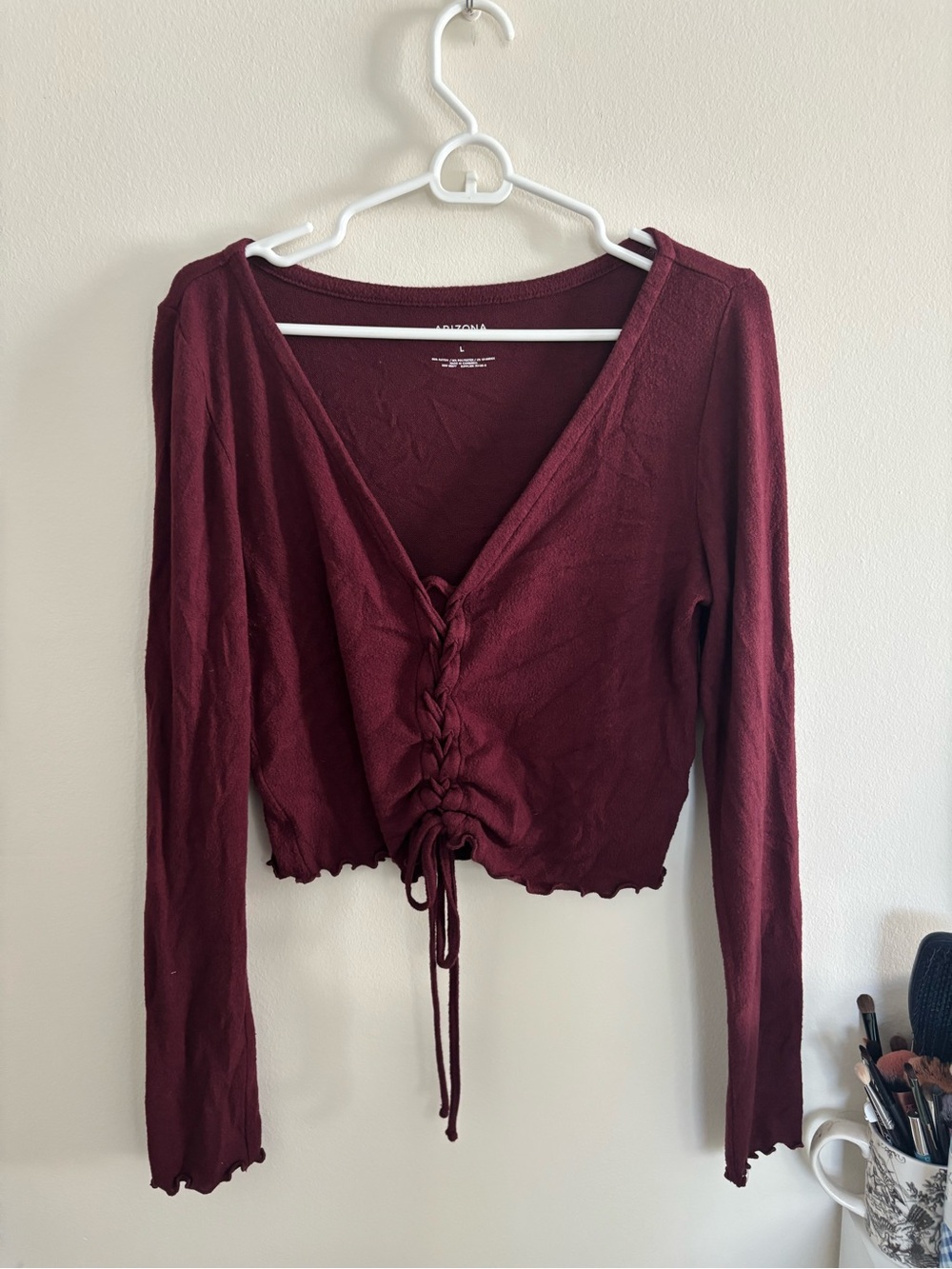 Arizona Jean Company Burgundy Ruched Tie-Front Long Sleeve Top